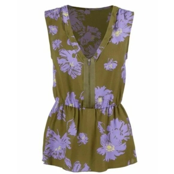 CABI Celebrity Floral Print V-Neck Sleeveless Peplum Top in Olive Green, Lavand - Picture 4 of 13